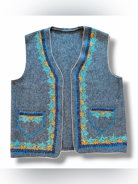 Jackets & Blazers - Vintage Embroidered Open-Front Wool Felt Vest Grey Folk-Style Cottagecore